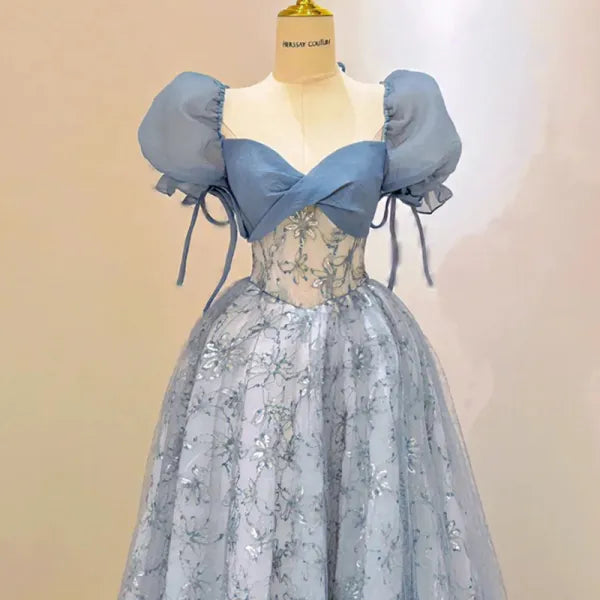 Blue Tulle Lace Long Prom Dress, Beautiful Short Sleeve Evening Dress  TP333