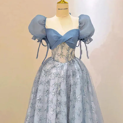 Blue Tulle Lace Long Prom Dress, Beautiful Short Sleeve Evening Dress  TP333