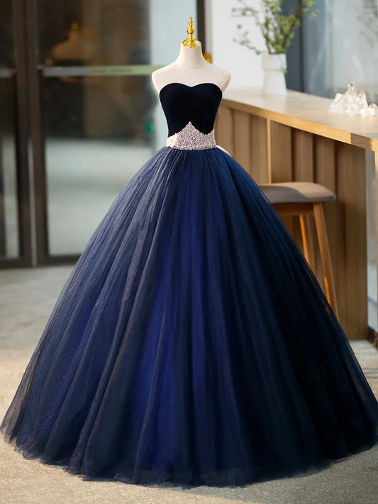 Blue Tulle Long Formal Dress with Velvet, Blue Sweetheart Neck Prom Dress  TP334