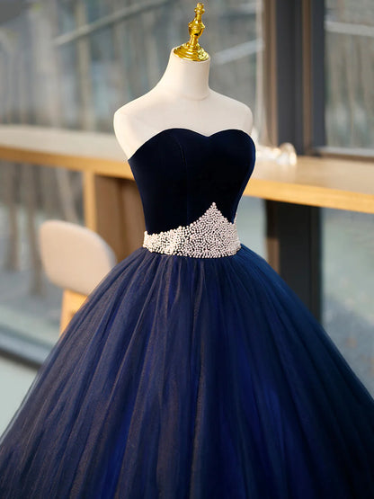 Blue Tulle Long Formal Dress with Velvet, Blue Sweetheart Neck Prom Dress  TP334