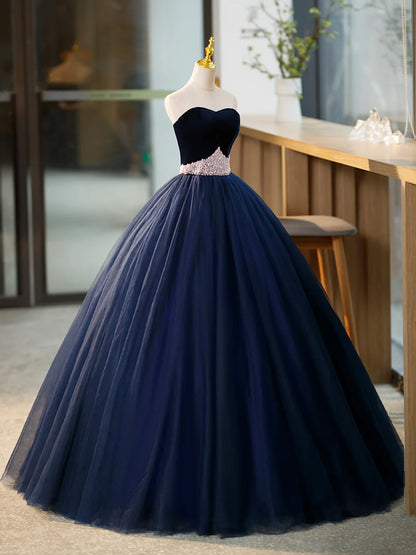 Blue Tulle Long Formal Dress with Velvet, Blue Sweetheart Neck Prom Dress  TP334