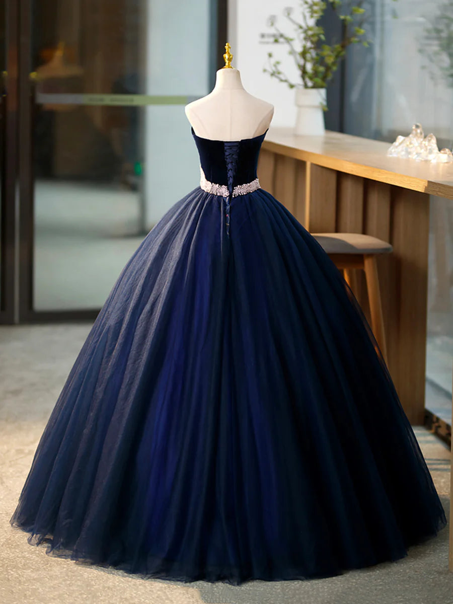Blue Tulle Long Formal Dress with Velvet, Blue Sweetheart Neck Prom Dress  TP334
