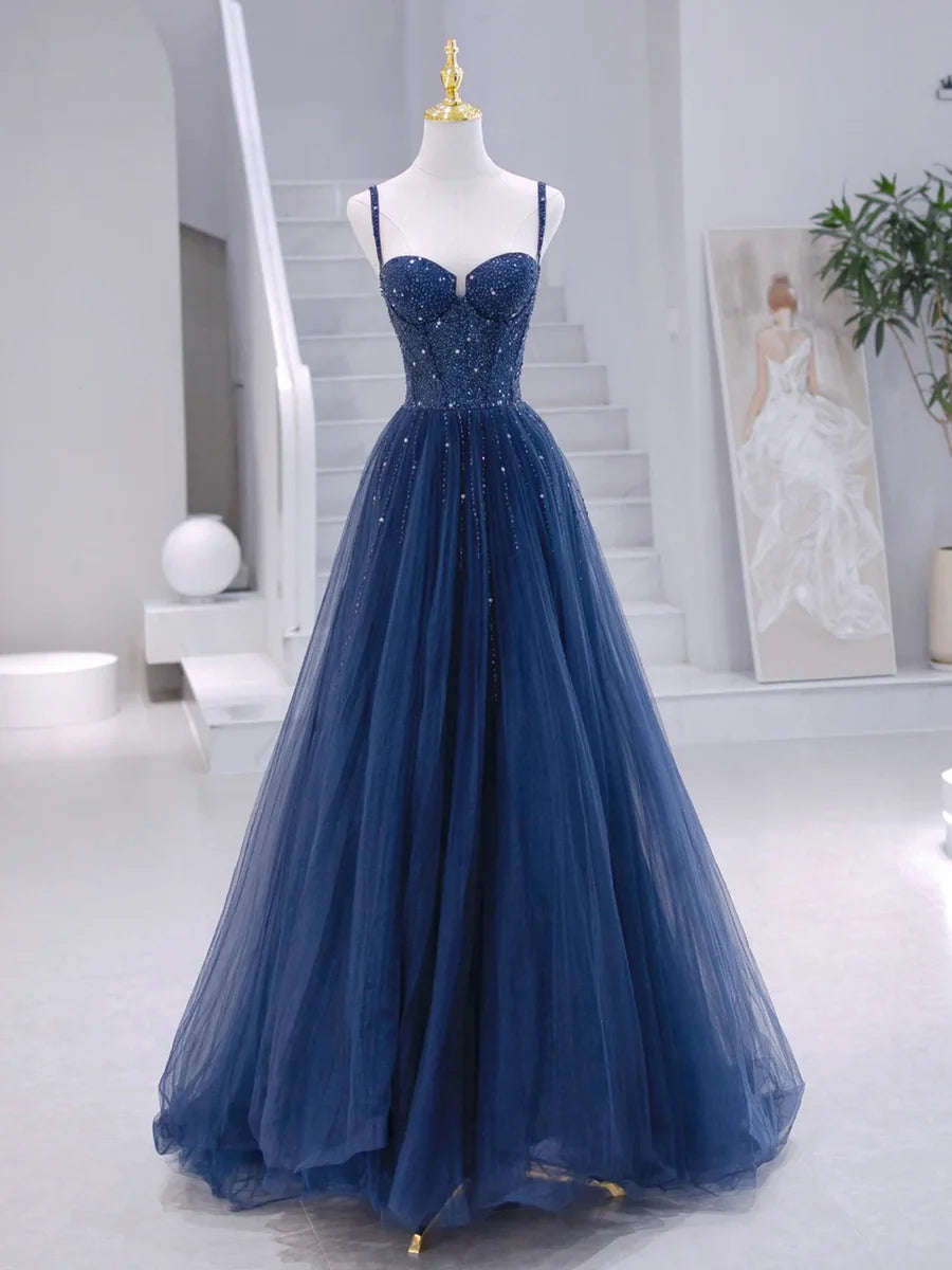Blue Tulle Beaded Long Formal Dress, Blue Evening Dress  TP336