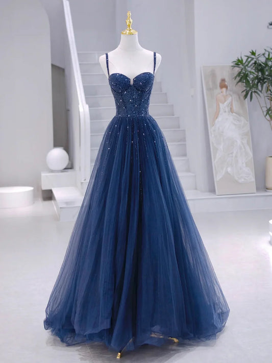 Blue Tulle Beaded Long Formal Dress, Blue Evening Dress  TP336