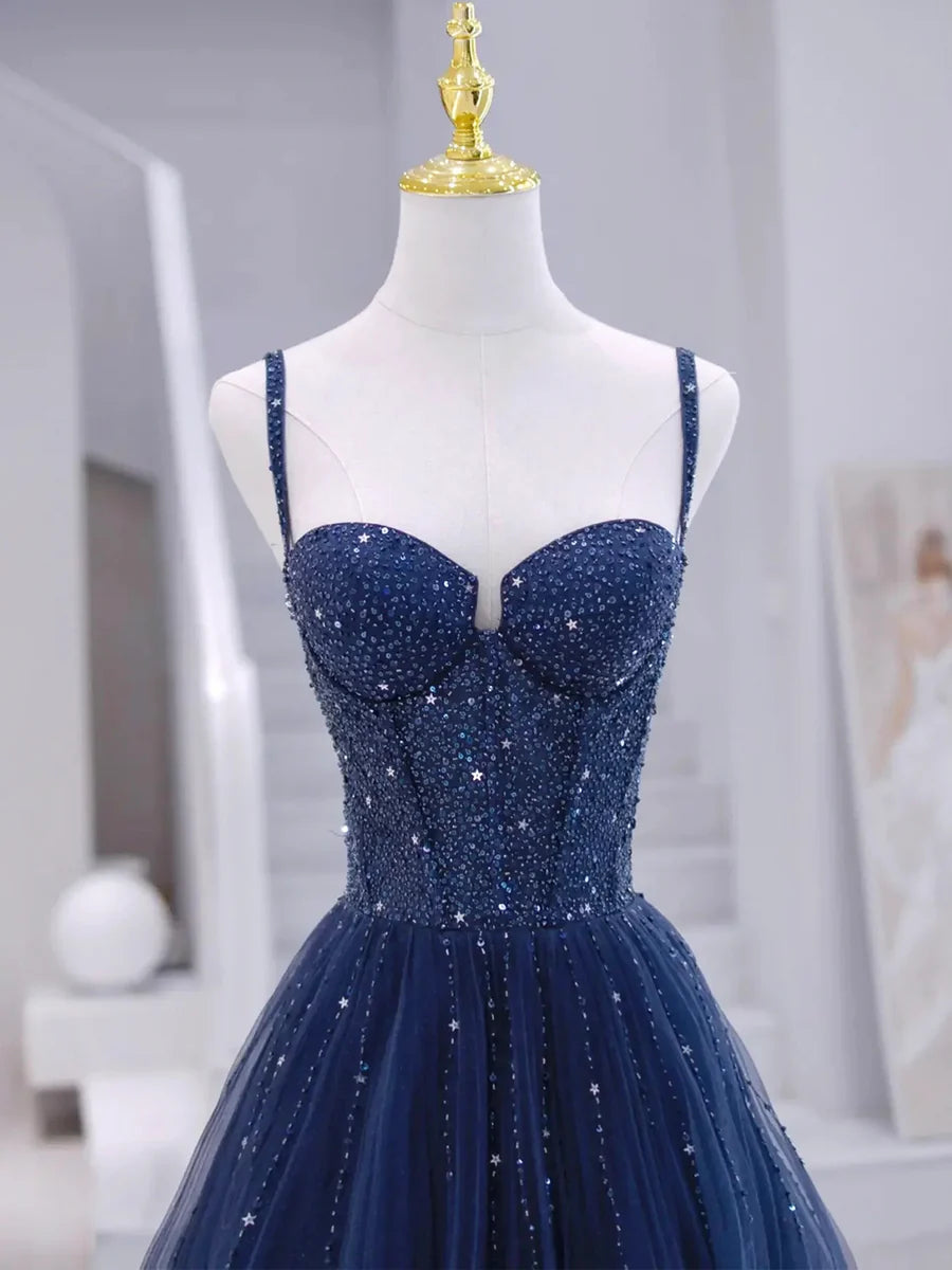 Blue Tulle Beaded Long Formal Dress, Blue Evening Dress  TP336