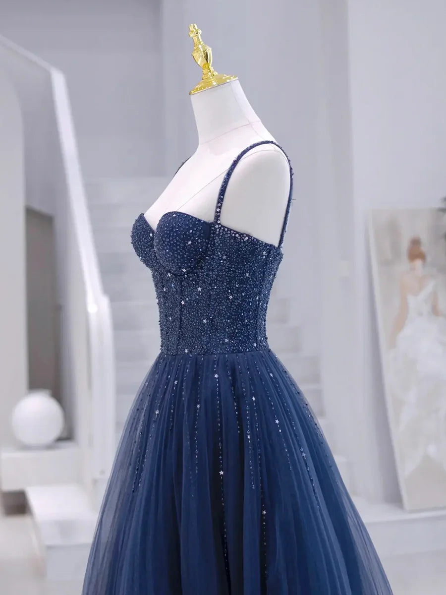 Blue Tulle Beaded Long Formal Dress, Blue Evening Dress  TP336