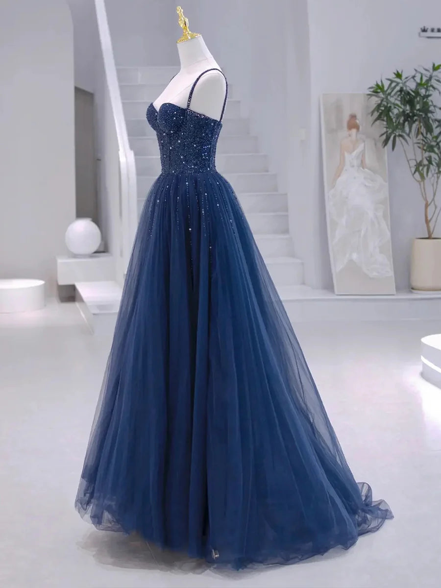 Blue Tulle Beaded Long Formal Dress, Blue Evening Dress  TP336