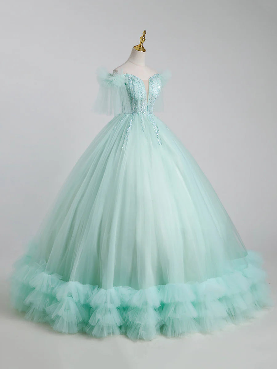 Beautiful Tulle Sequins Long Ball Gown, A-Line Tulle Sweet 16 Dress  TP338