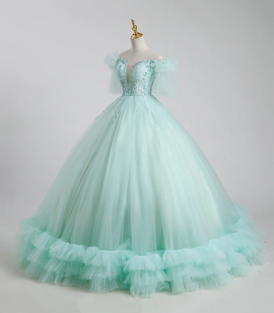 Beautiful Tulle Sequins Long Ball Gown, A-Line Tulle Sweet 16 Dress  TP338