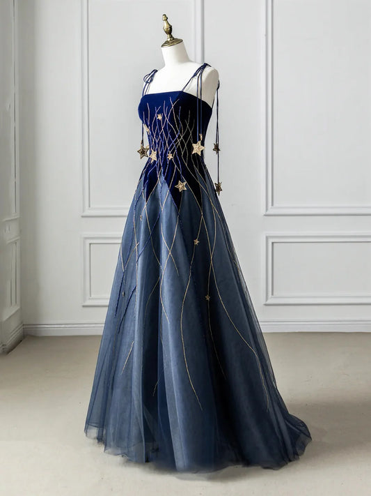 Blue Spaghetti Strap Velvet Long Prom Dress with Star, Blue Evening Dress Party Dress  TP340
