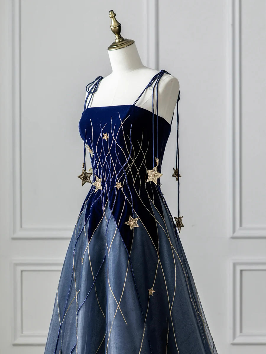 Blue Spaghetti Strap Velvet Long Prom Dress with Star, Blue Evening Dress Party Dress  TP340