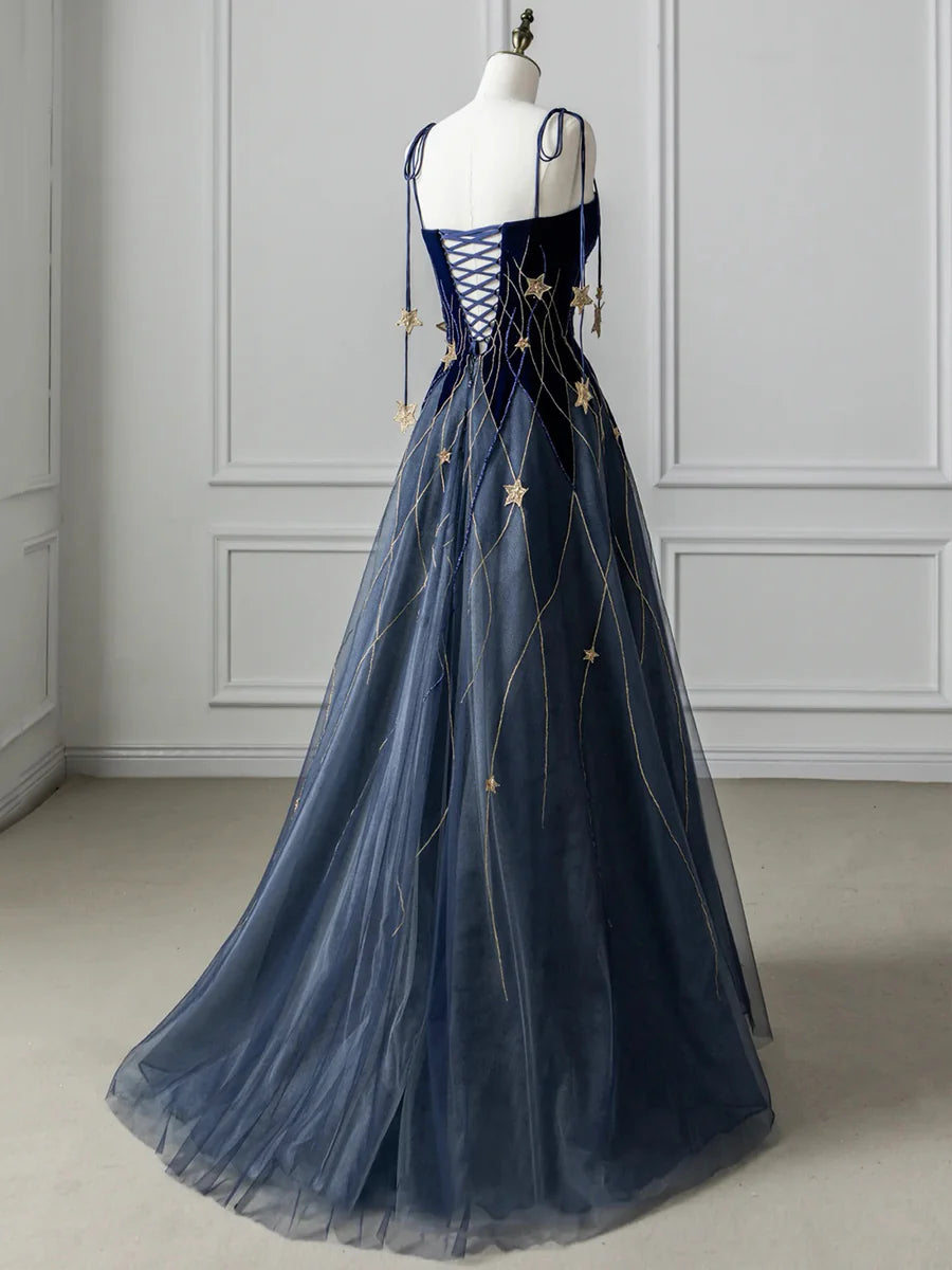 Blue Spaghetti Strap Velvet Long Prom Dress with Star, Blue Evening Dress Party Dress  TP340
