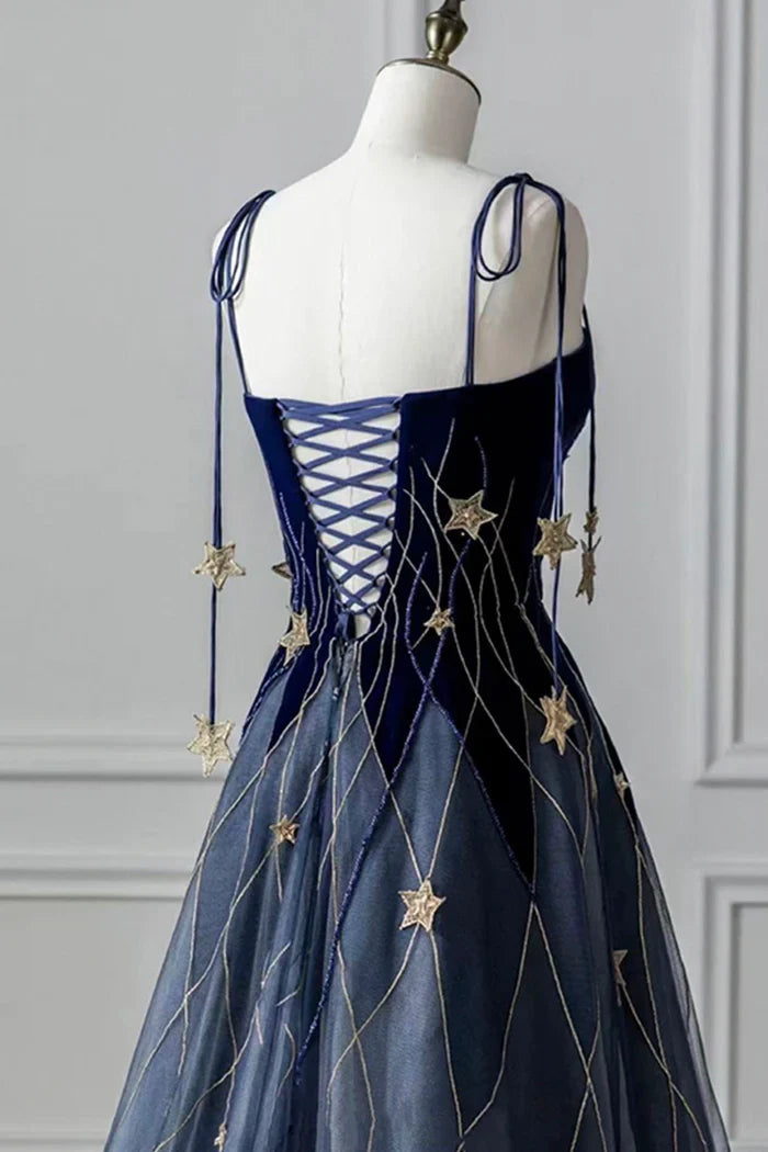 Blue Spaghetti Strap Velvet Long Prom Dress with Star, Blue Evening Dress Party Dress  TP340