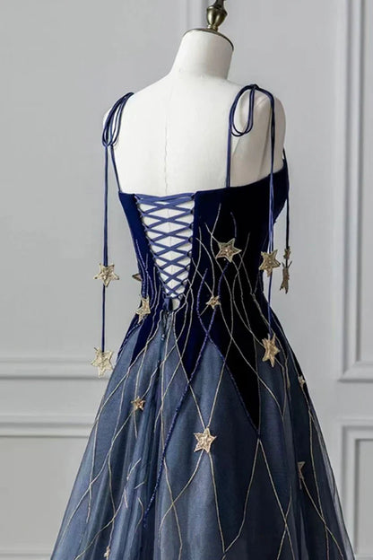 Blue Spaghetti Strap Velvet Long Prom Dress with Star, Blue Evening Dress Party Dress  TP340