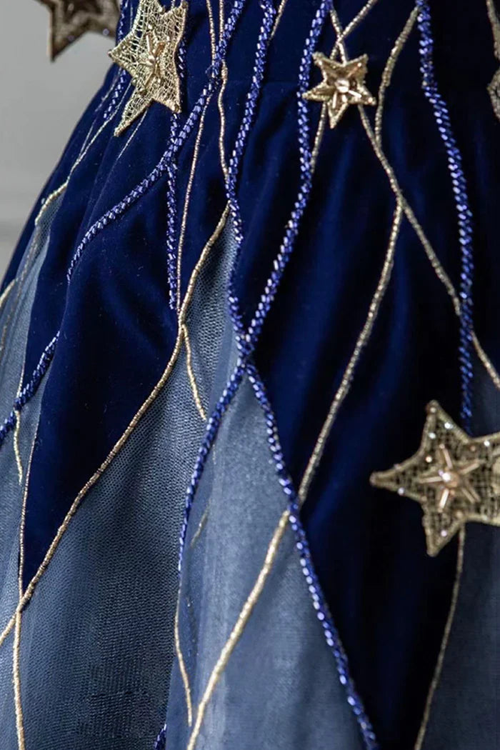 Blue Spaghetti Strap Velvet Long Prom Dress with Star, Blue Evening Dress Party Dress  TP340