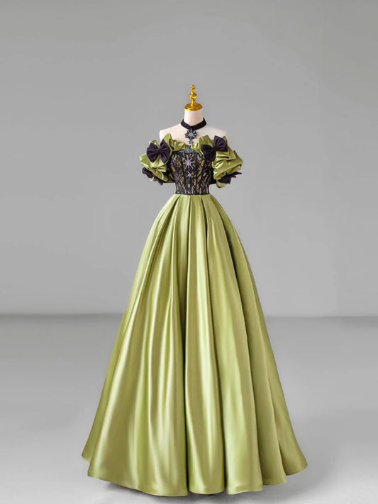 Green Satin Lace Long Prom Dress, Beautiful A-Line Evening Dress with Bow  TP342