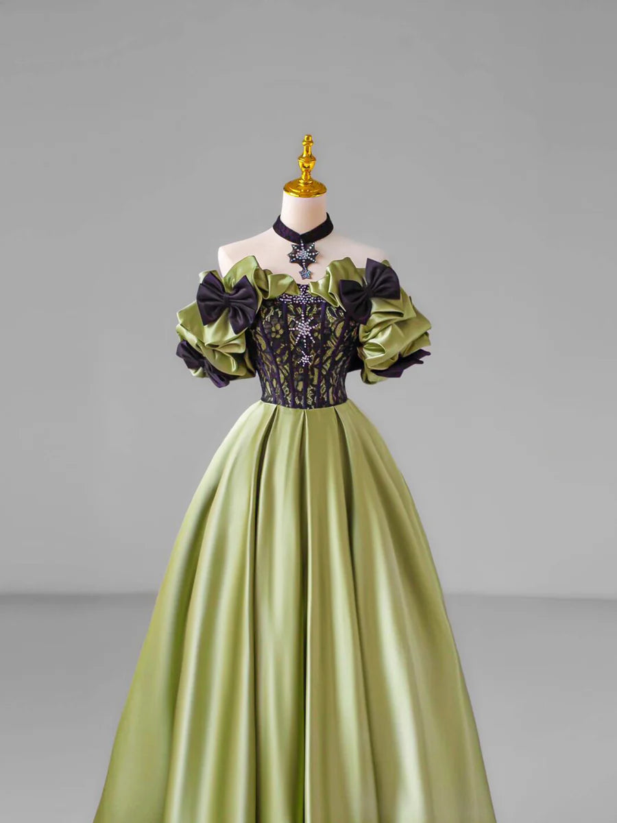 Green Satin Lace Long Prom Dress, Beautiful A-Line Evening Dress with Bow  TP342
