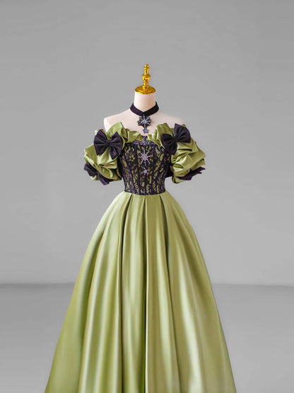 Green Satin Lace Long Prom Dress, Beautiful A-Line Evening Dress with Bow  TP342