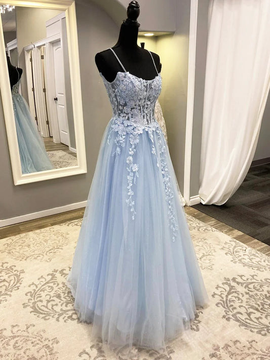 Blue Spaghetti Strap Tulle Long Prom Dress with Lace, A-Line Evening Party Dress  TP344