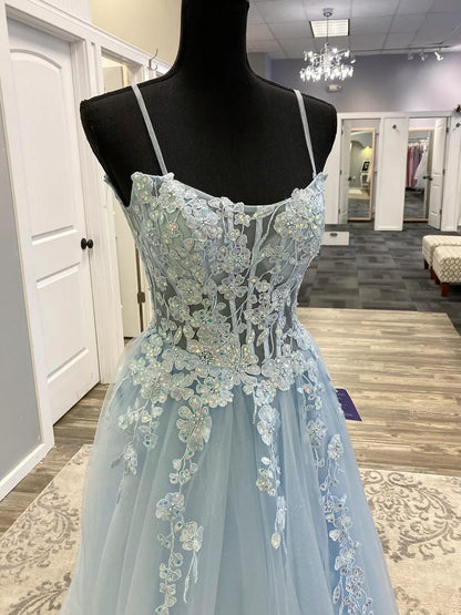 Blue Spaghetti Strap Tulle Long Prom Dress with Lace, A-Line Evening Party Dress  TP344