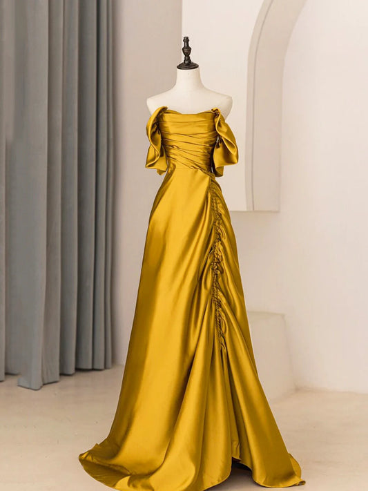 Unique Satin Long Prom Dress, Simple Strapless A-Line Evening Dress  TP345