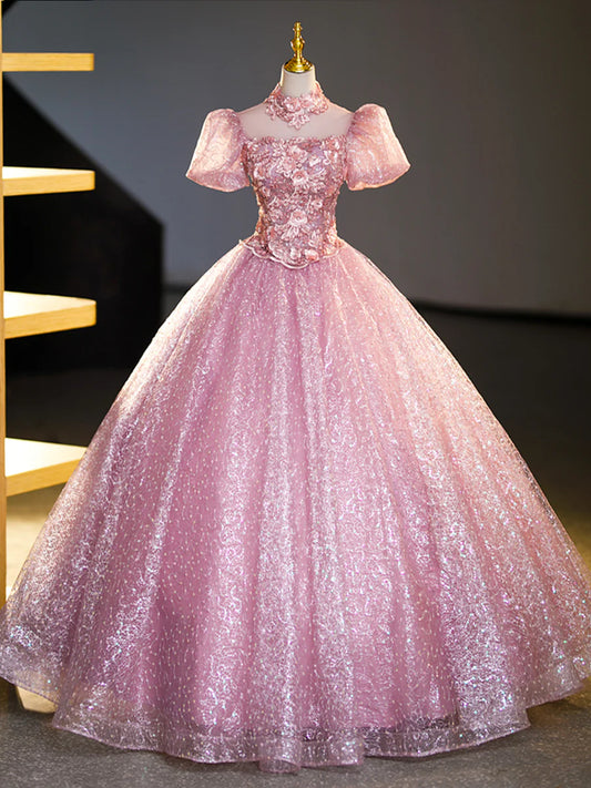 Pink Tulle and Lace Long Prom Dress with Sequins, Beautiful A-Line Sweet 16 Dress  TP346