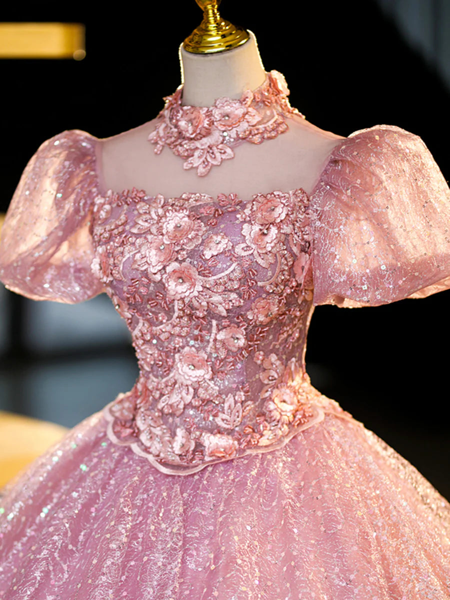 Pink Tulle and Lace Long Prom Dress with Sequins, Beautiful A-Line Sweet 16 Dress  TP346