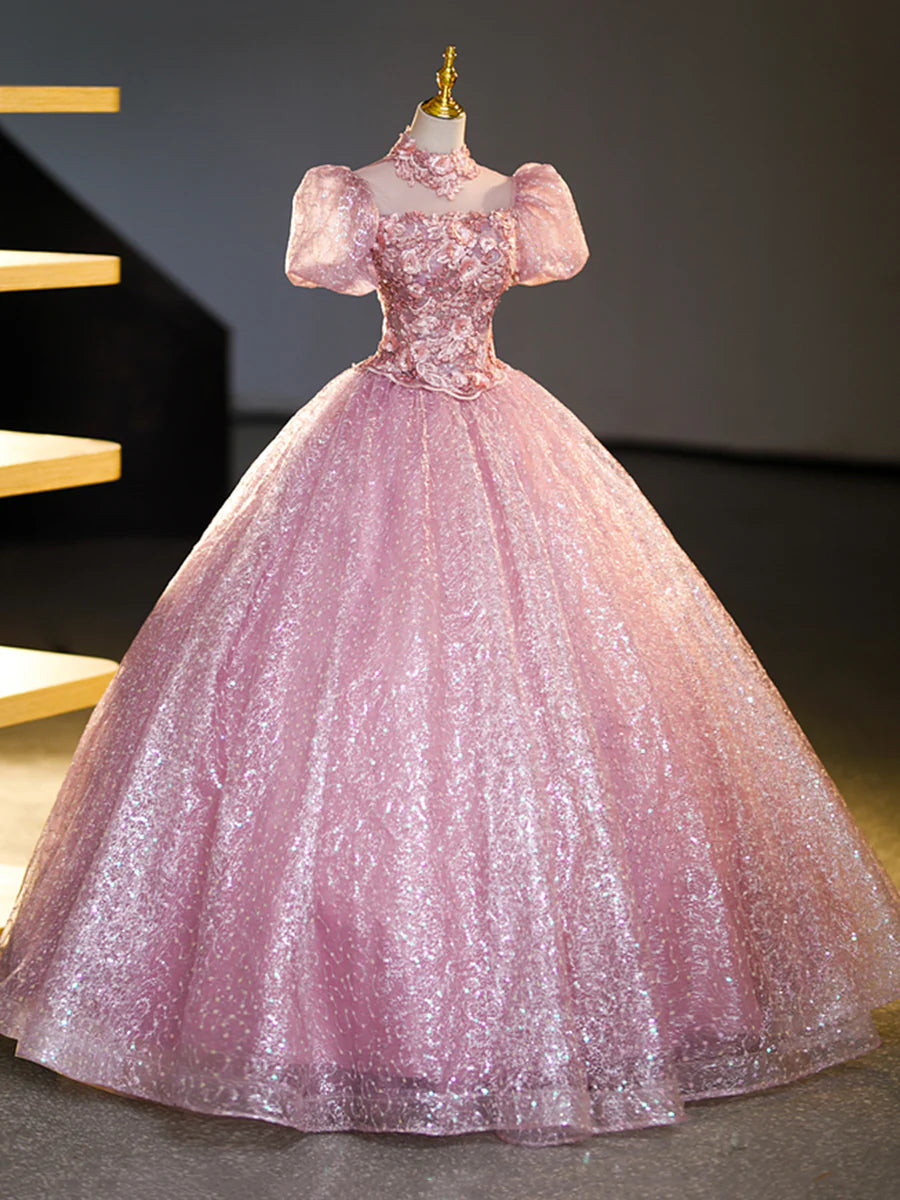 Pink Tulle and Lace Long Prom Dress with Sequins, Beautiful A-Line Sweet 16 Dress  TP346
