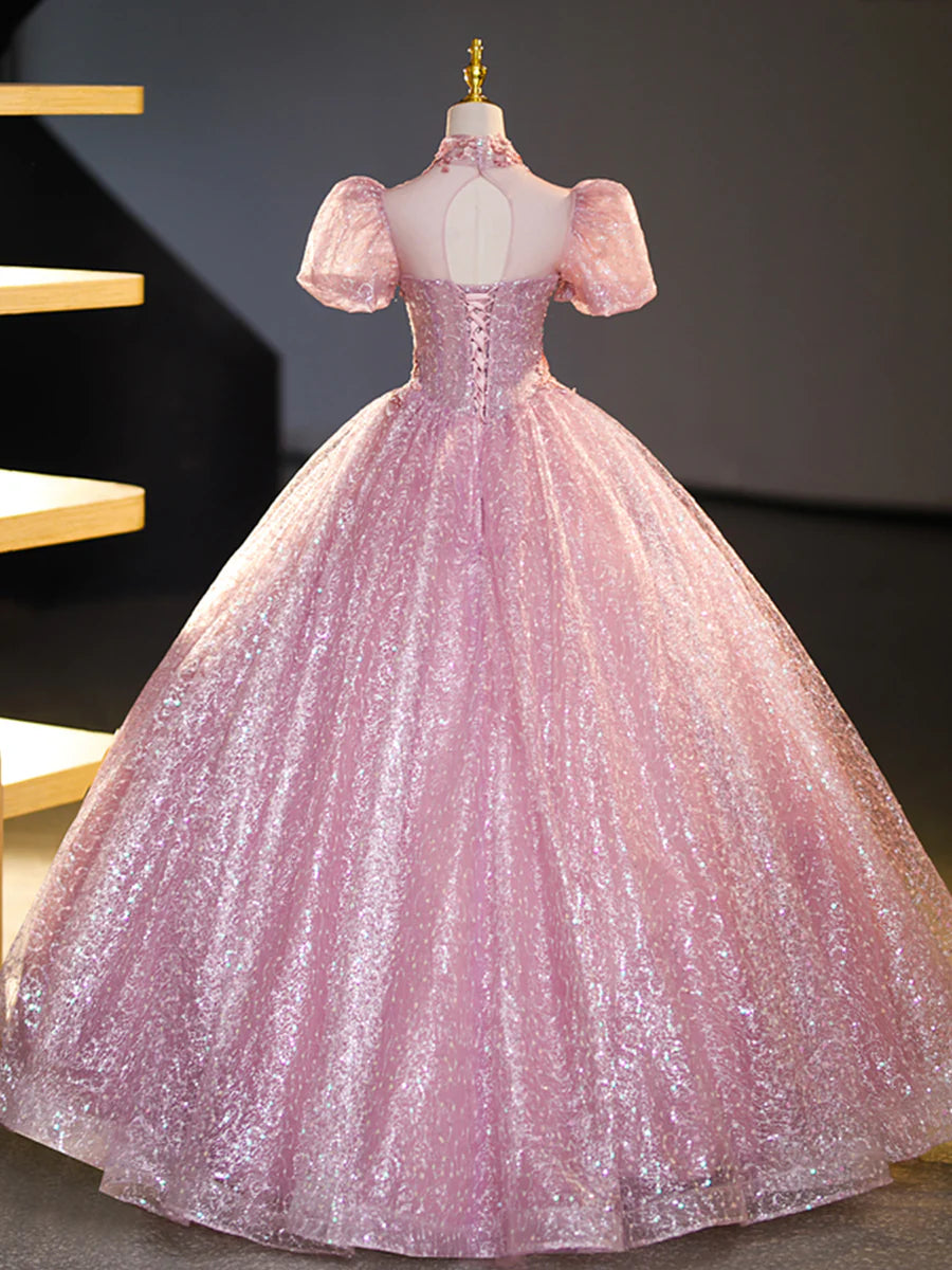 Pink Tulle and Lace Long Prom Dress with Sequins, Beautiful A-Line Sweet 16 Dress  TP346