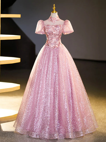 Pink Tulle and Lace Long Prom Dress with Sequins, Beautiful A-Line Sweet 16 Dress  TP346