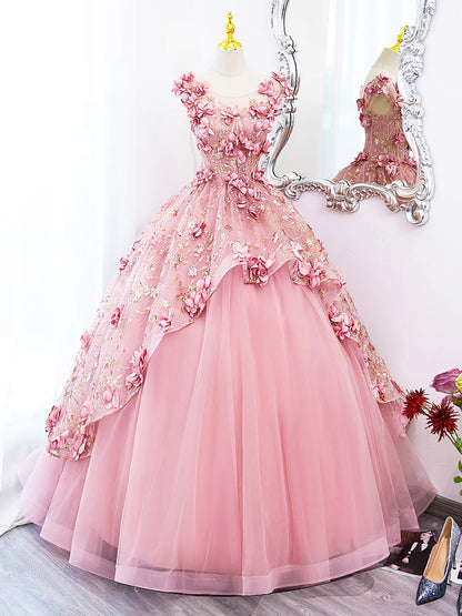 Pink Tulle Long Prom Dress with Flowers, Beautiful A-Line Sweet 16 Dress  TP347