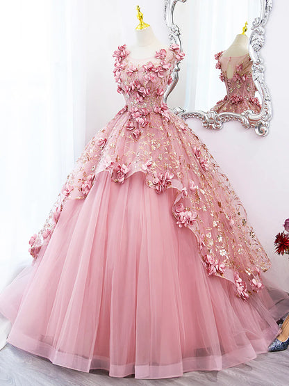 Pink Tulle Long Prom Dress with Flowers, Beautiful A-Line Sweet 16 Dress  TP347