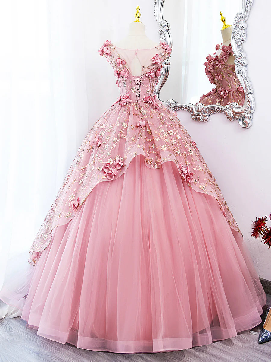 Pink Tulle Long Prom Dress with Flowers, Beautiful A-Line Sweet 16 Dress  TP347