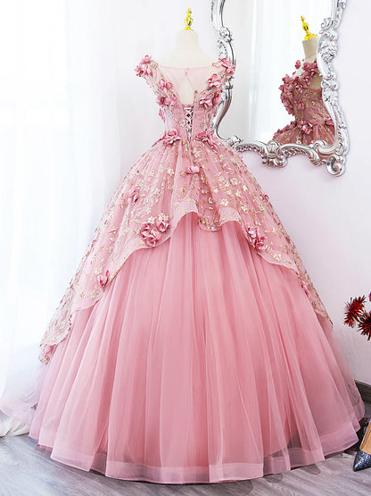 Pink Tulle Long Prom Dress with Flowers, Beautiful A-Line Sweet 16 Dress  TP347