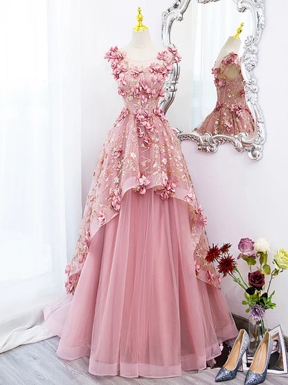 Pink Tulle Long Prom Dress with Flowers, Beautiful A-Line Sweet 16 Dress  TP347