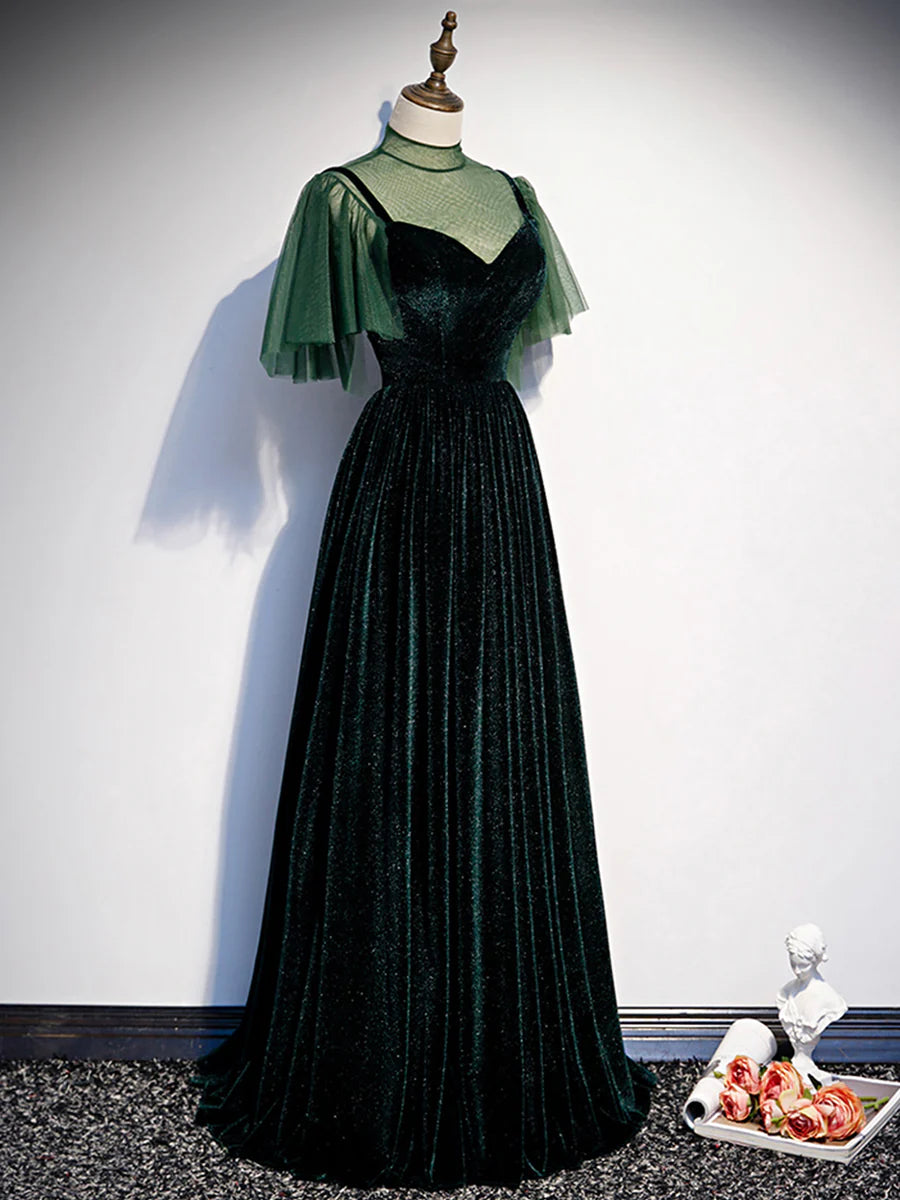 Green Velvet Long Prom Dress, Elegant A-Line Green Evening Dress  TP348