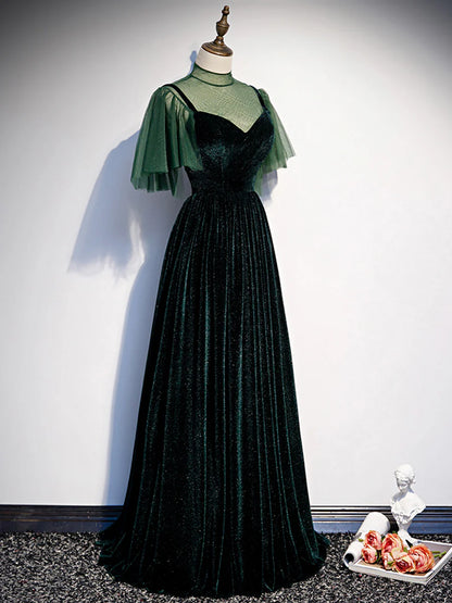 Green Velvet Long Prom Dress, Elegant A-Line Green Evening Dress  TP348