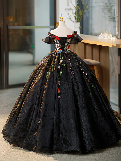 Black Tulle Long Prom Dress with Lace Flowers, Beautiful Off Shoulder Evening Gown  TP349