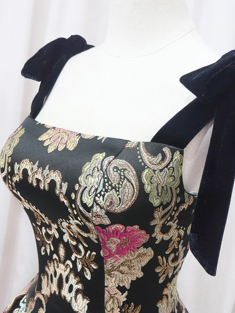 Black Floral Floor Length Prom Dress, A-Line Black Evening Dress  TP350