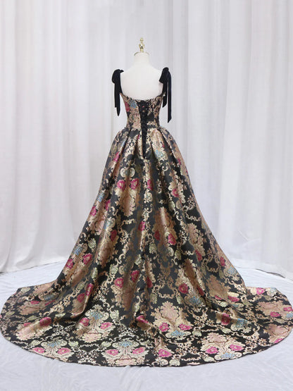 Black Floral Floor Length Prom Dress, A-Line Black Evening Dress  TP350