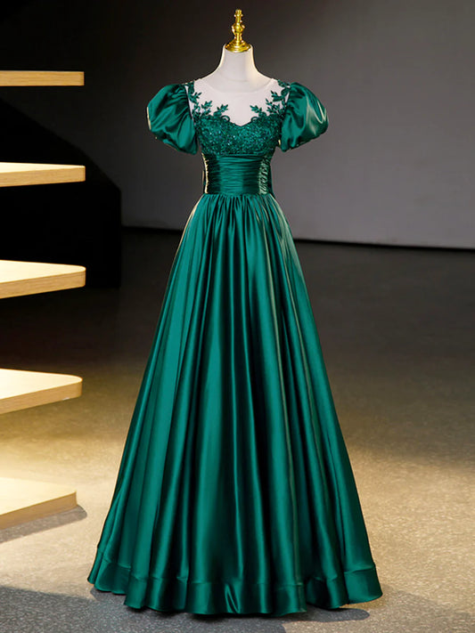 Green Satin Lace Floor Length Formal Dress, Short Sleeve A-Line Evening Dress  TP351