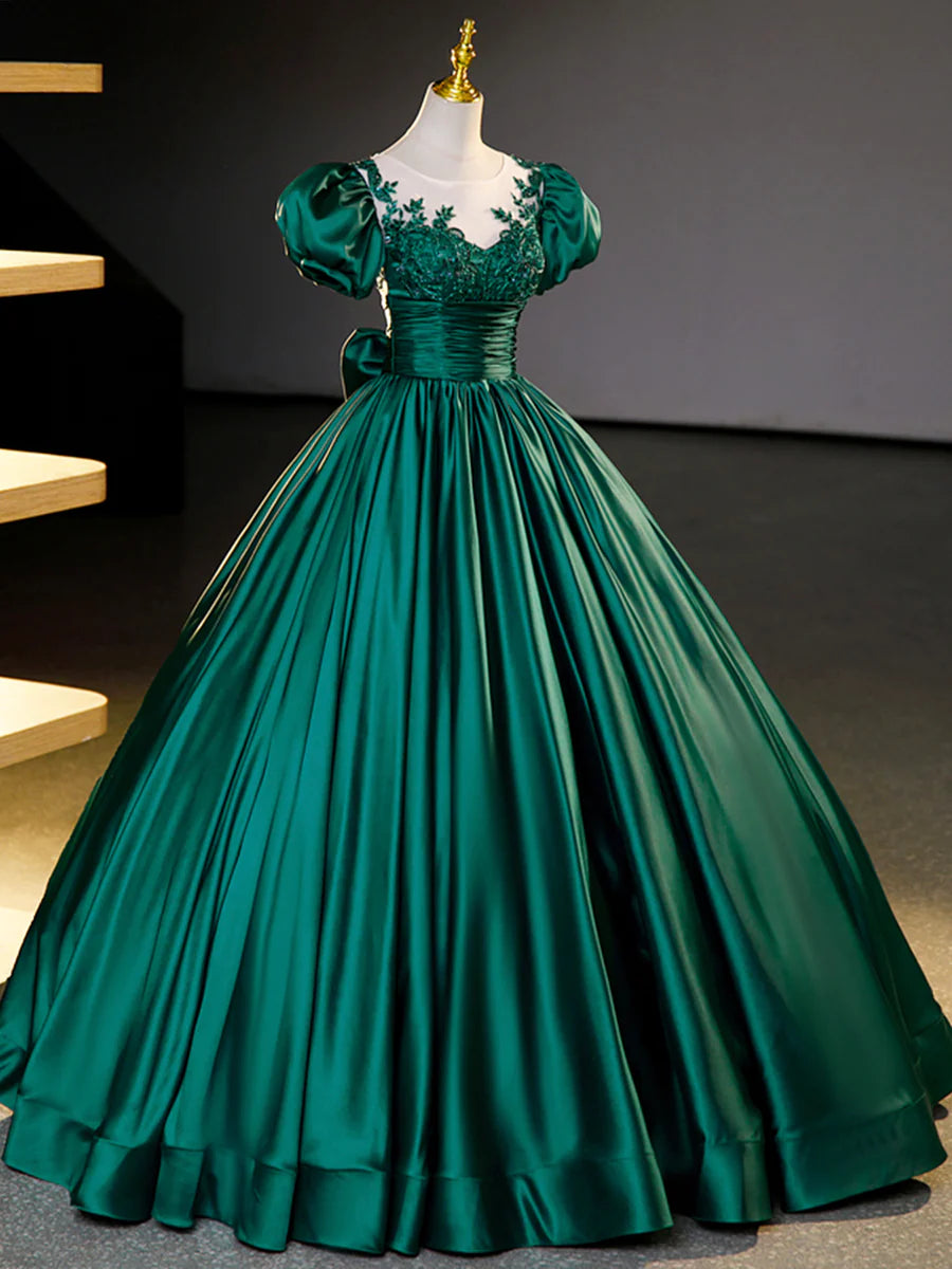 Green Satin Lace Floor Length Formal Dress, Short Sleeve A-Line Evening Dress  TP351