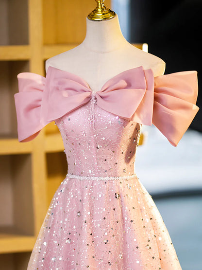 Sparkly Off-Shoulder Sequins Floor Length Formal Dress, Beautiful Pink Prom Dress  TP353