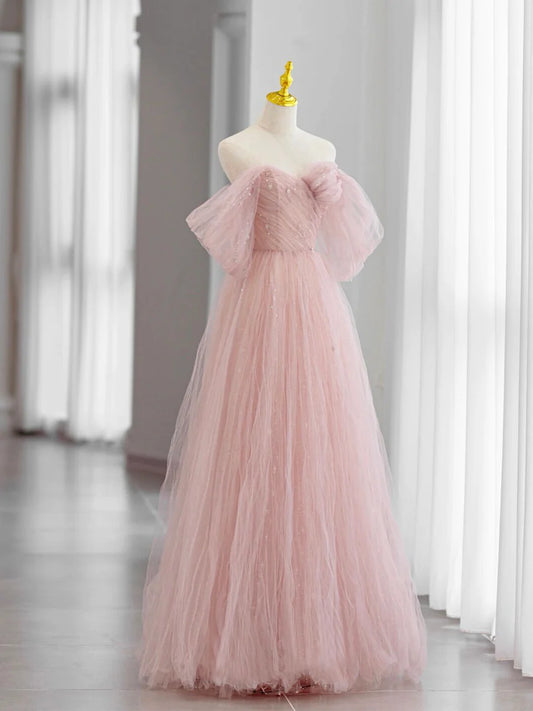 Pink Tulle Long Prom Dress, Beautiful A-Line Off Shoulder Evening Dress  TP354