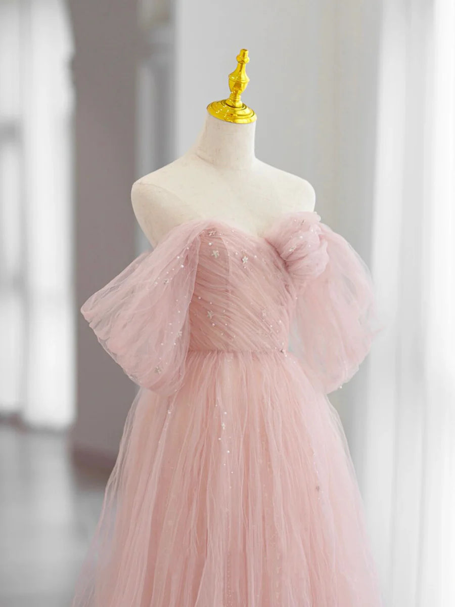 Pink Tulle Long Prom Dress, Beautiful A-Line Off Shoulder Evening Dress  TP354