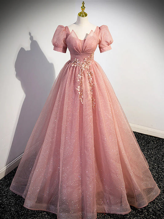Pink Tulle Floor Length Prom Dress with Short Sleeve, Beautiful A-Line Evening Dress  TP355