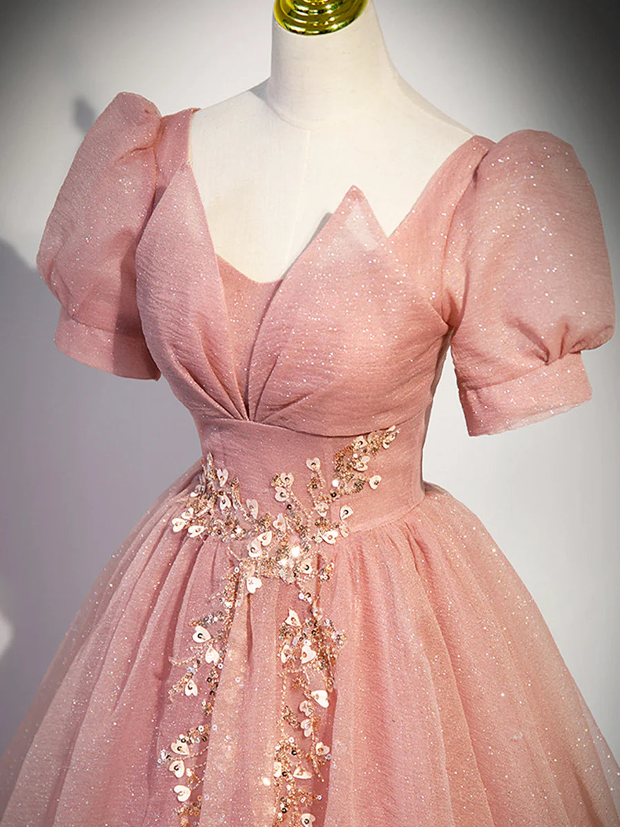 Pink Tulle Floor Length Prom Dress with Short Sleeve, Beautiful A-Line Evening Dress  TP355
