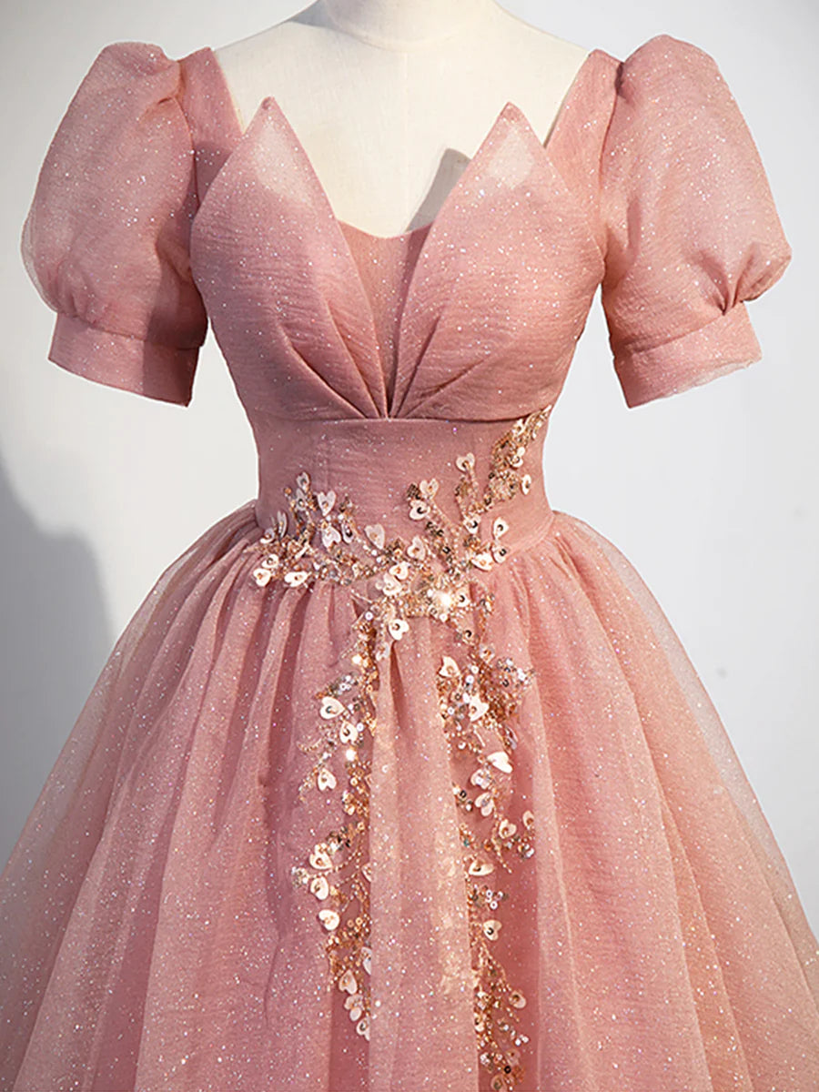 Pink Tulle Floor Length Prom Dress with Short Sleeve, Beautiful A-Line Evening Dress  TP355