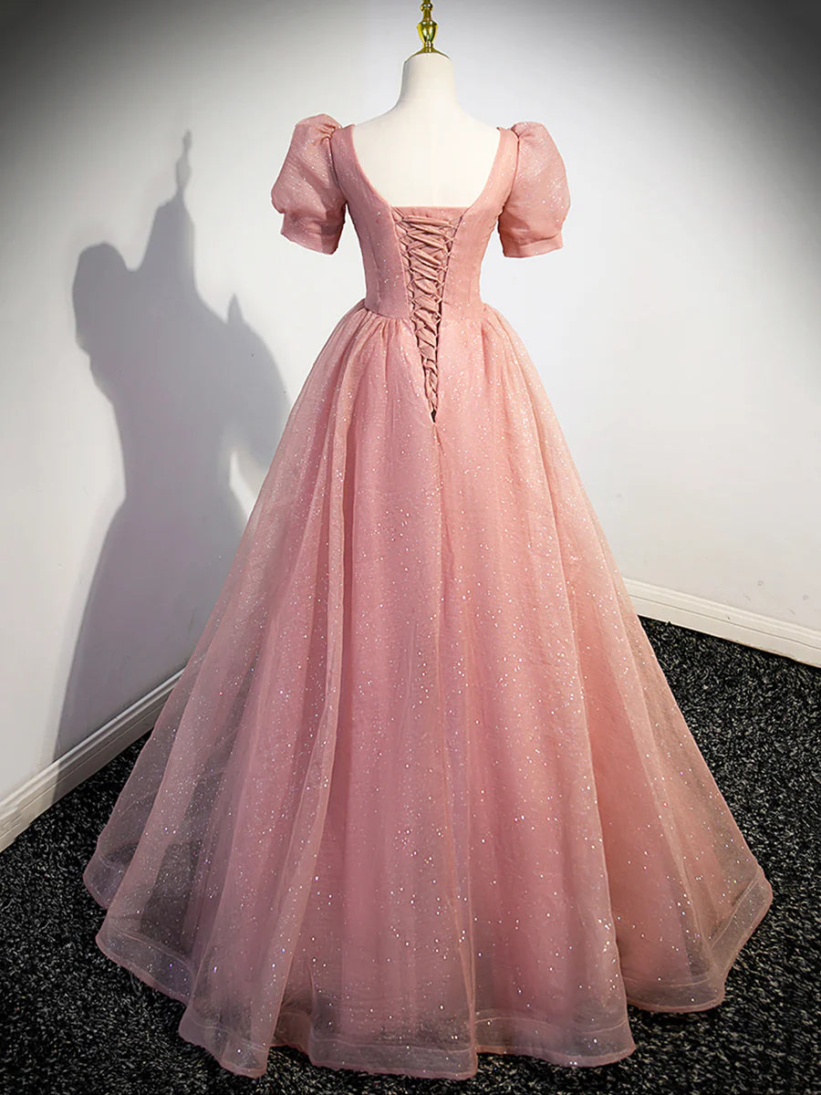 Pink Tulle Floor Length Prom Dress with Short Sleeve, Beautiful A-Line Evening Dress  TP355