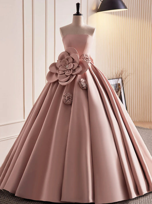 Pink Strapless Satin Long Prom Dress, Beautiful A-Line Evening Dress  TP357